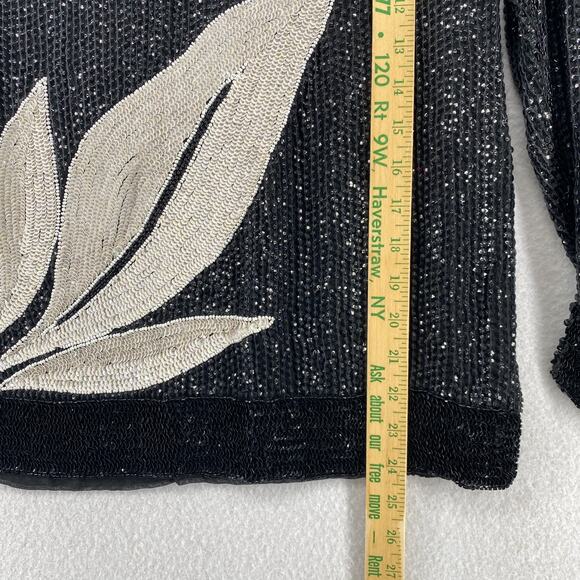 SEQUINED Blouse M Silk Crepe Fully Beaded Heavy Embellished V-Neck Vintage Black - Picture 10 of 11